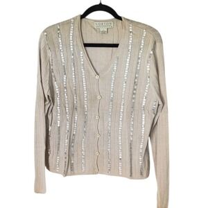 Norton McNaughton Beige 100% Silk Sequin Ribbed Cardigan Sweater Large